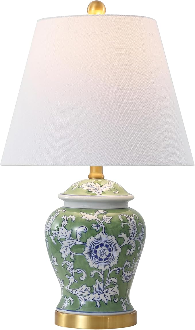 JONATHAN Y 22" Green/White Ceramic Table Lamp, French Country Chinoiserie Ginger Jar LED Bedside Lamp for Living Room Bedroom, White Linen Shade (JYL3005E)