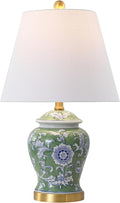 JONATHAN Y 22" Green/White Ceramic Table Lamp, French Country Chinoiserie Ginger Jar LED Bedside Lamp for Living Room Bedroom, White Linen Shade (JYL3005E)