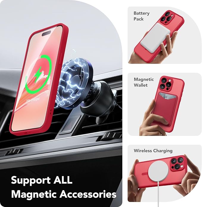 CAPRARO Magnetic for iPhone 15 Pro Max Case, [Compatible with MagSafe] [Full Camera Protection] Shockproof Protective Slim Translucent Matte Phone Case for iPhone 15 Pro Max 6.7'', Red