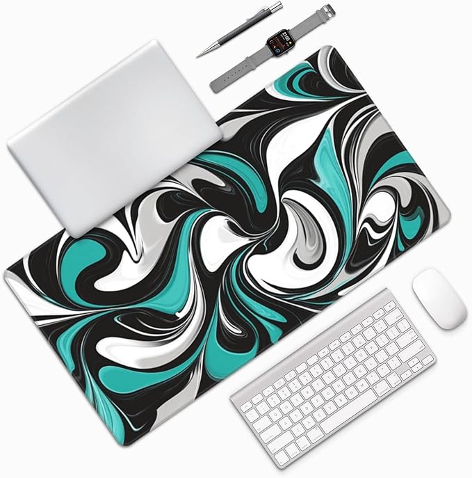 AQQA 31.5 x 15.7 Anti-Slip Rubber Mouse Pad - Abstract Fluid Art Design with Teal & Gray Colors, Ergonomic Gaming Mouse Mat for Gamer, Office & Home