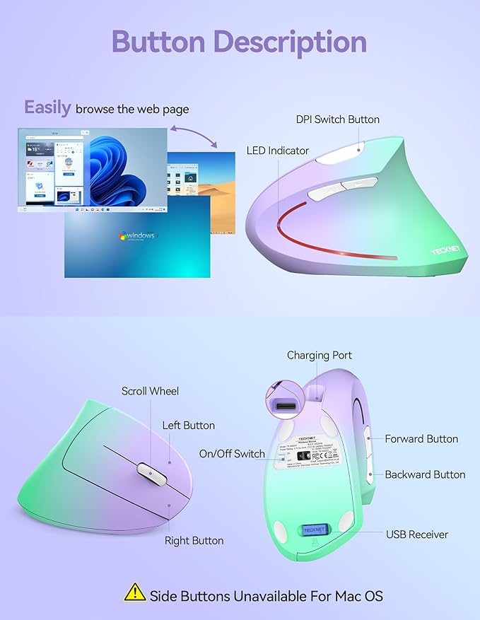 TECKNET Ergonomic Mouse, Wireless Rechargeable Vertical Mouse for Carpal Tunnel Right Hand, 4800 DPI 5 Adjustable Levels 2.4GHz with USB-A Receiver, Silent Click, for Laptop, PC, MacBook, Desktop