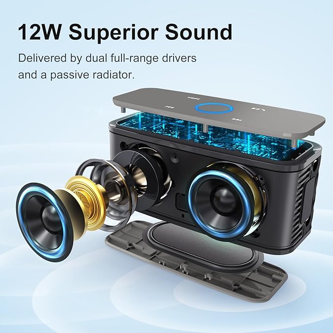 DOSS SoundBox Touch Wireless Bluetooth Speaker-12W HD Sound with Rich Bass, IPX5 Waterproof, 20H Playtime, Handsfree, for Gatherings, Home, Office, Outdoor, Travel-Grey