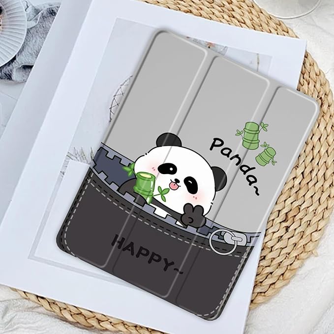 JOYLAND Cute Happy Panda Pattern Case for iPad Pro 11-inch (M4) 2024 5th Generation,Clear Acrylic Hard Back Grey Case with Pencil Holder Trifold Stand Tablet Cover (Model Number:A2836/A2837/A3006)