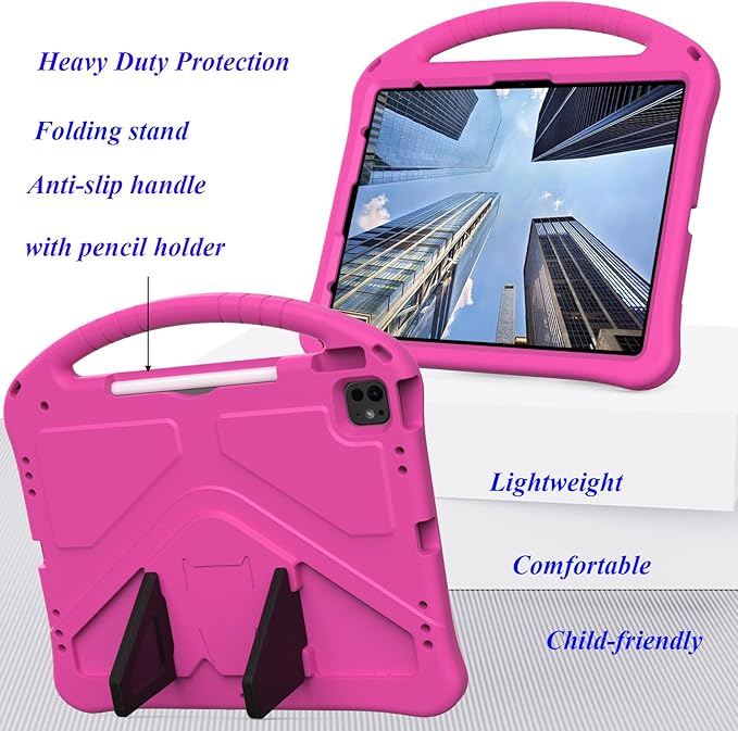 Kids Case for iPad Pro 13 inch M5/M4 (2025/2024) with Kickstand/Pencil Holder/Handle Stand Lightweight Soft EVA Foam Shockproof Heavy Duty Rugged Protection Kids Girls Boys Cover, Rose