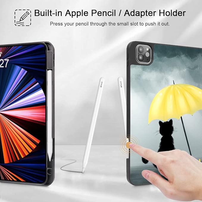 Tuiklol for iPad Pro 12.9 inch 6th/5th/4th/3rd Generation 2022 2021 2020 2018 Release Case- Built in Pencil Holder Slim Protective Stand Back Cover with Auto Wake/Sleep iPad Cover,Black Cat