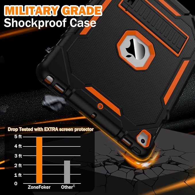 ZoneFoker 9.7" Case for iPad 6th/5th Generation 2018/2017, for iPad Air 2 / Air 1st / Pro 9.7, Heavy Duty Shockproof Protective 9.7 Inch Cover with Built-in Stand for i Pad 6 5 Gen(Black+Orange)