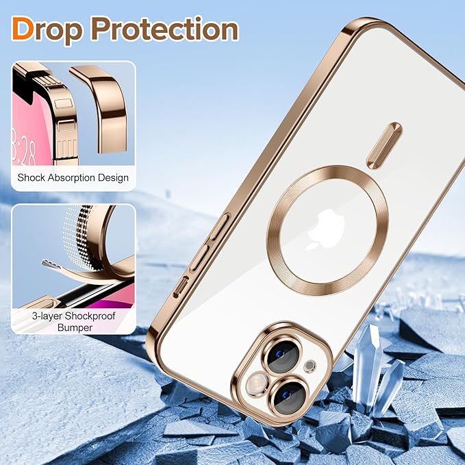 Hython Magnetic Clear for iPhone 13 Case with Camera Lens Protector [Compatible with MagSafe] Luxury Plating Edge Slim Soft TPU Cover Protective Phone Case for iPhone 13 6.1", Desert Brown