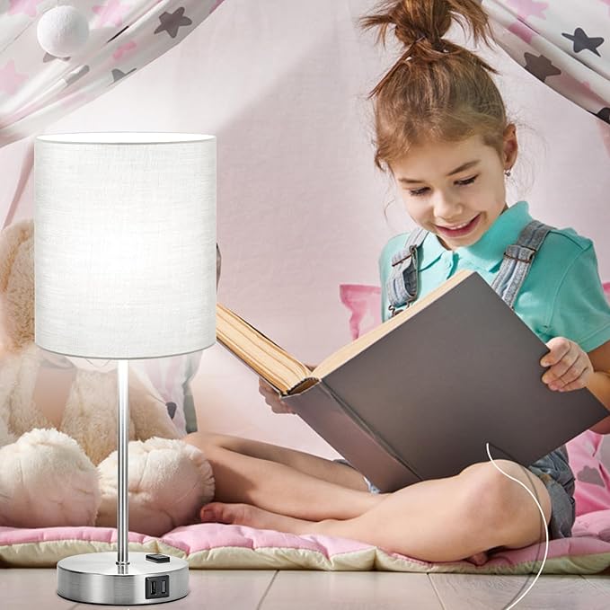 Set of 2 Grey Touch Control Table Lamps with 2 USB Ports & AC Outlet, 3-Way Dimmable Bedside Nightstand Lamps, Desk Lamp for Bedroom Living Room Nursery, 800 Lumens 5000K Daylight Bulbs Included