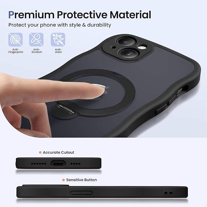 CAPRARO for iPhone 15 Case with 360° Spin Magnetic Stand for Women, [Compatible with MagSafe] [Full Camera Protection] Cute Wave Translucent Matte Case for iPhone 15, Black