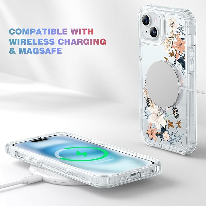 Diaclara Designed for iPhone 15 Case, Full Body Rugged Case with Built-in Touch Sensitive Anti-Scratch Screen Protector, with Camera Lens Protector for iPhone 15 6.1" (Lily) Butterfly