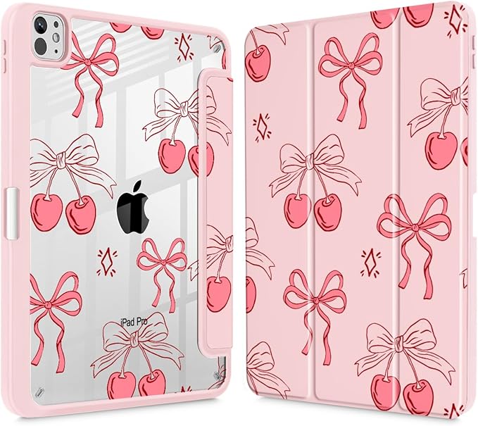 May Chen Case for iPad Pro 11-Inch M5/M4 2025/2024 (6th/5th Generation), [Penceil Holder] Trifold Stand Auto Wake/Sleep Clear TPU Protection Back Cover, Coquette Cherry Bow