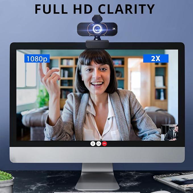 2K Webcam for Computer/Laptop/Desktop/PC, Camera with Microphone, USB Plug&Play, Auto Low Light Correction, Privacy Cover, Tripod, Wide Angle for Meeting/Online Video/Zoom