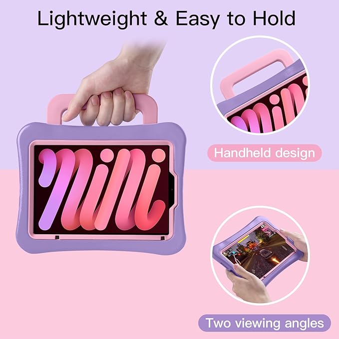 Kids Case for iPad Mini 7 (A17 Pro) 2024 /iPad Mini6 2021, Light Weight Heavy Duty/Shockproof/Drop Proof with Handle/Kickstand, Child Friendly Cover for iPad Mini 7th/6th Gen 8.3inch (Purple Pink)