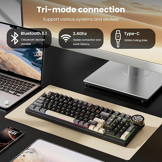 RK ROYAL KLUDGE N99 Wireless Mechanical Keyboard with Screen & Knob, BT/2.4G/USB-C, 96% Hot Swappable Custom Keyboard, Pre-lubed Linear Switches, Gasket Mount, RGB Gaming Keyboards