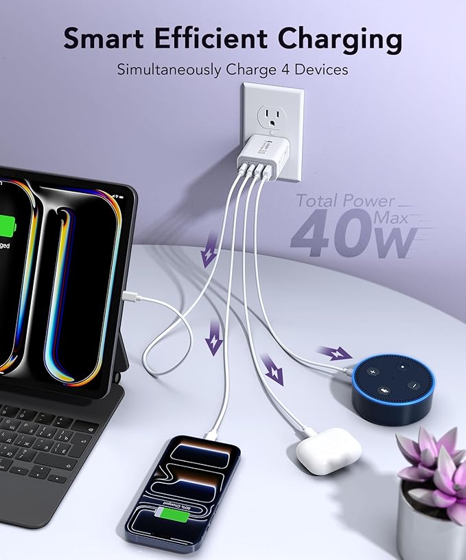 [2-Pack] 40W USB C Charger Block, 4-Port Type C Fast Charging Brick Dual PD&QC Wall Plug Adapter Compatible for iPhone13/14/15/16/17 Pro/Pro Max/iPad, Airpods, iwatch, Samsung Galaxy (White)