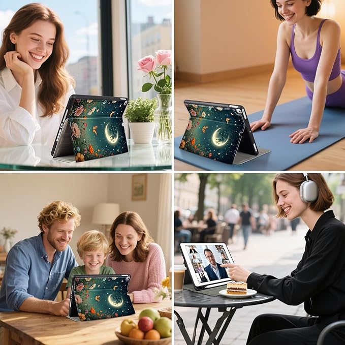 Vimorco Case for iPad Air 3rd 2019, for iPad Pro 10.5 inch 2017/2019, for iPad 9th/8th/7th Generation 10.2 inch,4 Viewing Angles,Pencil Holder,Full Protective Cover,Auto Sleep/Wake,Black Moon Flowers