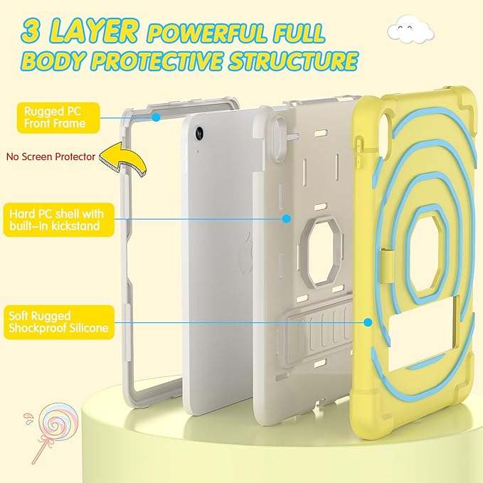 SIBEITU Kids Case for iPad (A16) 11-inch 2025/ 10th Generation 10.9-inch 2022, Shockproof Rugged Hybrid 3-Layer Protective Cover for iPad 11th/ 10th Gen with Stand & Pencil Holder (Yellow Blue)