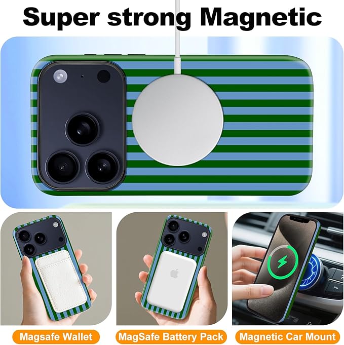Magnetic for iPhone 17 Pro Max Case Cute Stripes Phone Case, Shockproof Slim TPU and Hard PC Protective Phone Cover Compatible with MagSafe Designed for Women Girls, Green and Blue