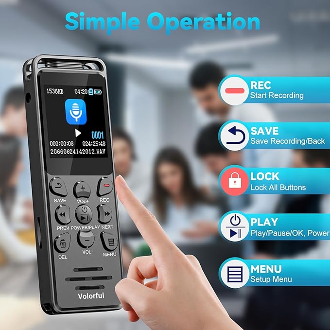 144GB Digital Voice Recorder with Playback, Volorful 1536Kbps Audio Recorder for Interviews Meetings, Voice Activated Recorder Recording Device with Noise Reduction, MP3 Stereo Player, Microphone