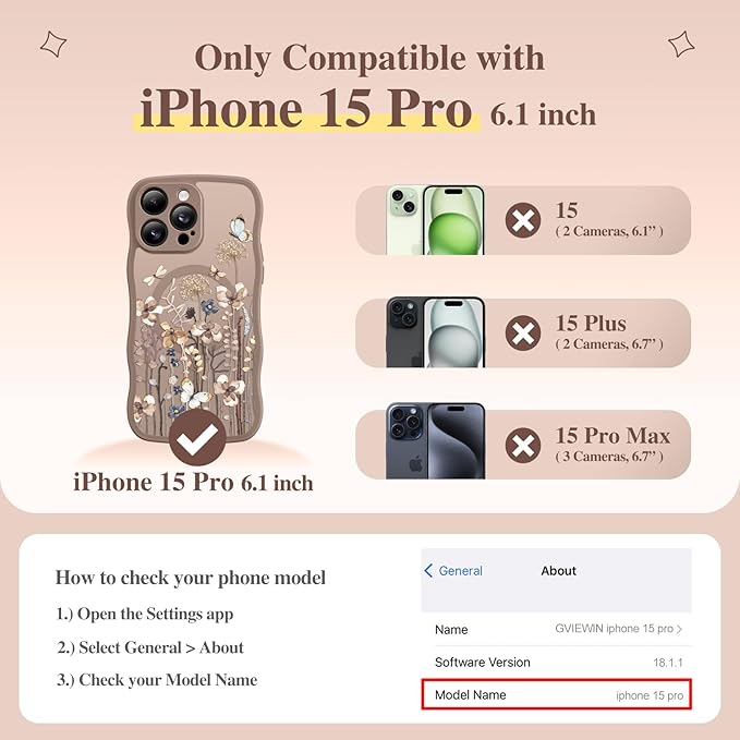 GVIEWIN for iPhone 15 Pro Case Compatible with MagSafe [Curly Wave Edge][Full Camera Protection] Floral Translucent Shockproof Magnetic Women Phone Case for iPhone 15 Pro 6.1'', Autumnflit/Brown