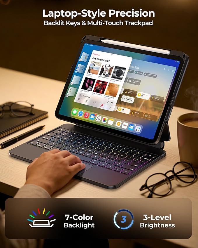SIBEITU Keyboard Case for iPad A16 11th 2025 & 10th Gen 10.9-inch 2022, Smart Contact Connector with Removable Protective Case, Precision Trackpad, Backlit Keyboard, Floating Magnetic Stand, Black