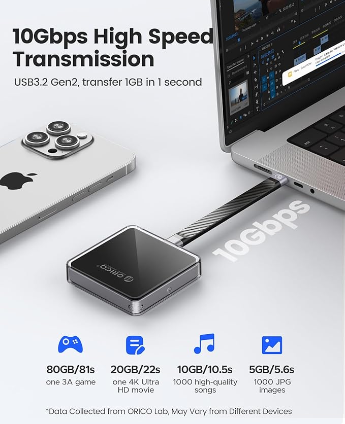 ORICO 10Gbps Magnetic M.2 NVMe SSD Enclosure 4K ProRes Recording Max 2TB for iPhone 17/16/15 Pro/Pro Max/Plus Support SSD Size 2230 B+M M-Key Diskless AP30 (Black)