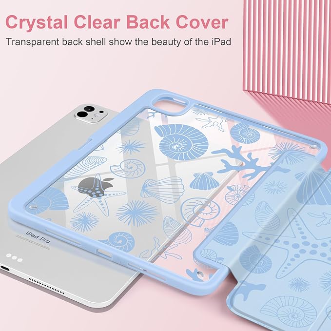 Case for iPad Pro 11 inch (M5) 2025 (M4) 2024 Release Slim Lightweight Cute Light Blue Cover with Clear Back TPU Edge Pencil Holder Trifold Stand, Starfish and Shells