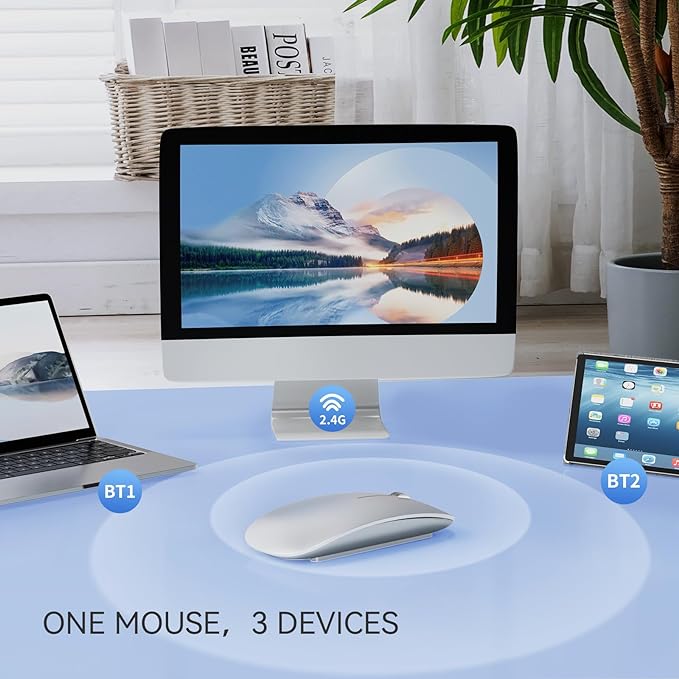 TENMOS M18 Bluetooth Mouse, USB C Rechargeable Wireless Mouse, Triple Mode (Dual Bluetooth+USB) Computer Silent Mice Portable with USB Receiver and Type C Adapter for Laptop/MacBook/iPad/PC - Silver
