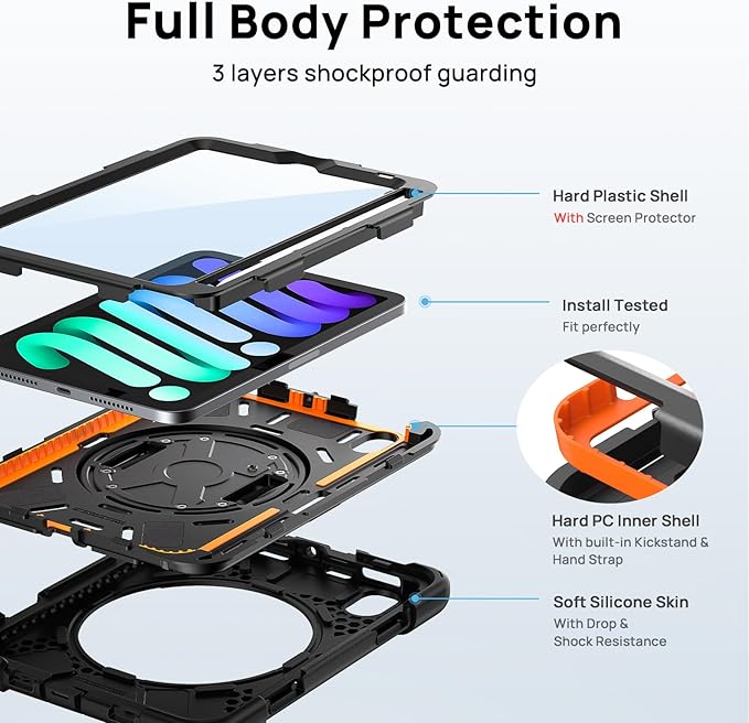 Gerutek Case for iPad mini 7 (A17 Pro) 2024/Mini 6 2021 8.3 inch, Shockproof Cover for iPad mini 7/6th Generation with Screen Protector, 360° Rotating Stand, Hand/Shoulder Strap, Pencil Holder-Black