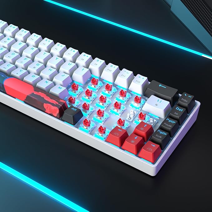 Protable 60% Percent Gaming Keyboard Mechanical, Mini Compact Ice-Blue LED Backlit 68 Keys Wired Office Keyboard with Red Switch for Mac/Win/PS4/PS5（68White/red Switch）