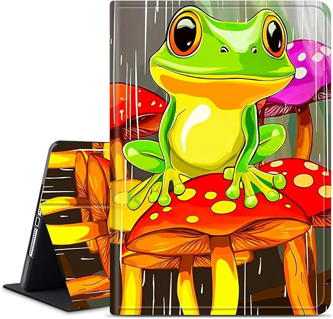 for Amazon Kindle Fire 7 (9th/7th/5th Generation, 2019/2017/2015 Release) 7" Tablet Case, Slim Kickstand Stand Leather Smart Cover with Auto Wake/Sleep, Green Frog Mushroom