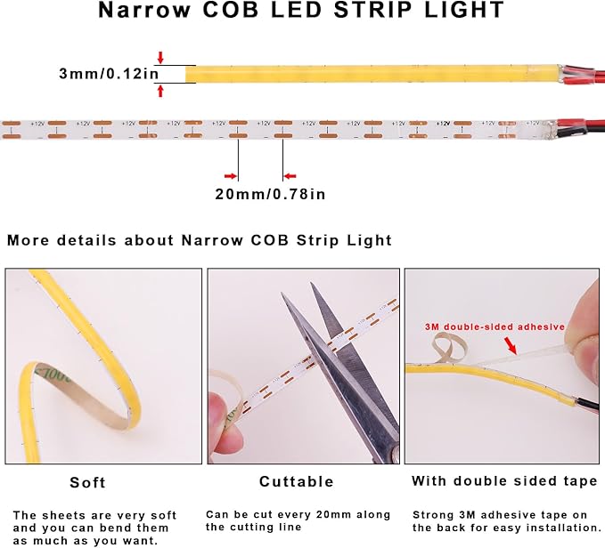 TOPAI 12V Thin 3mm COB LED Strip 6000K Cool White 16.4ft Bright White CRI>90 Uniform Dotless 400LEDs/M Adhesive Flexible Cuttable LED Tape Light for DIY, Bedroom, Under Cabinet Lighting