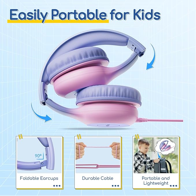 EarFun Kids Headphones Wired with Microphone, USB Type C Headphones for Kids, 85/94dB Volume Limit, Portable Wired Headphone with Shareport, Stereo Sound Foldable Headset for School/Tablet/PC/Kindle