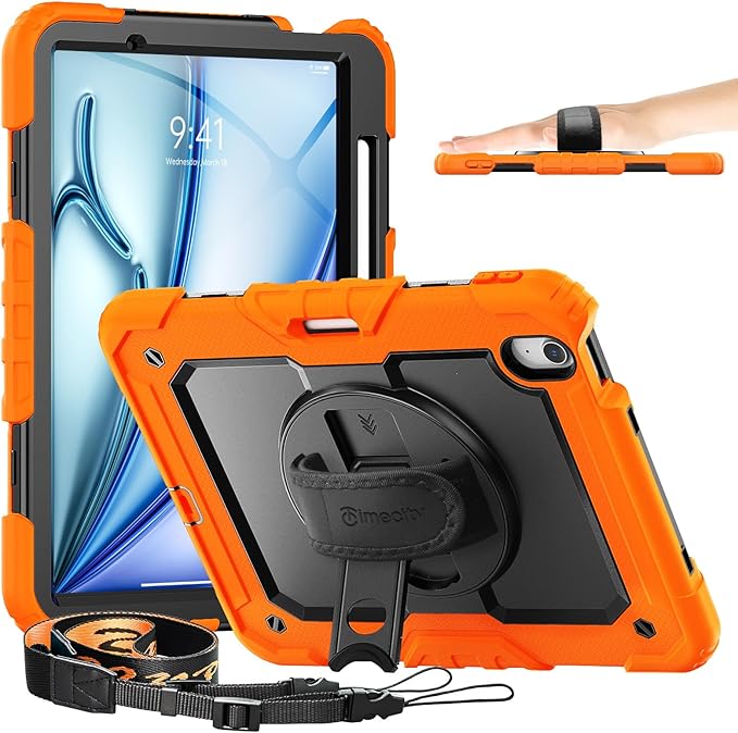 timecity Case for iPad Air 11 Inch M4 / M3 / M2 (2026/2025/ 2024), 360° Rotating Stand, Pencil Holder & Wireless Charging, Shockproof with Screen Protector & Shoulder Strap - for Designers, Orange