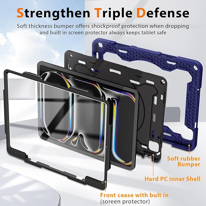 ROISKIN for iPad Pro 13 inch Case (M5 2025 / M4 2024) -with HD Screen Protector, 360 Rotating Kickstand/Handle, Shoulder Strap, Pen Holder, Heavy Duty Military Grade - Kids Friendly