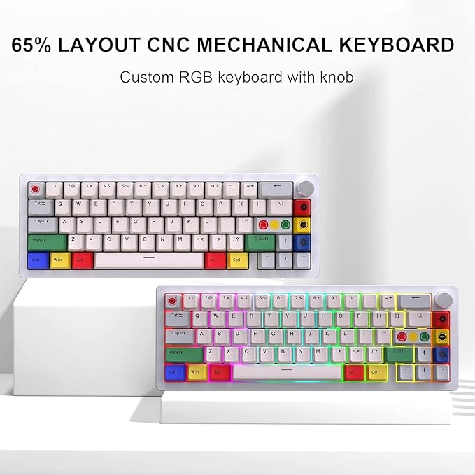 BOYI GMK67 65% Aluminum Alloy Mechanical Keyboard,Hot-Swappable BT5.0/Type-C/2.4G Wireless,CNC Metal Gasket Mounted South-Facing LED RGB Gaming Keyboard with Dye-Sub PBT Grey Beige Keycaps