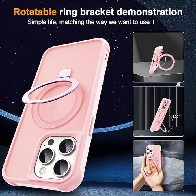 SKYLMW Compatible with iPhone 12 Pro Max Case & iPhone 13 Pro Max Case with Invisible Magnetic O-Ring Stand Translucent Phone Cases 6.7" [Compatible with Mag-Safe][Great Grip Feeling], Pink