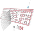 FENIFOX Wireless Keyboard, Bluetooth & 2.4G USB & USB-C Rechargeable Silent Ultra Quiet Low Profile Compact Full Size with Number Pad Soft Multi Device for Mac MacBook Windows PC - Pink & Rose Gold