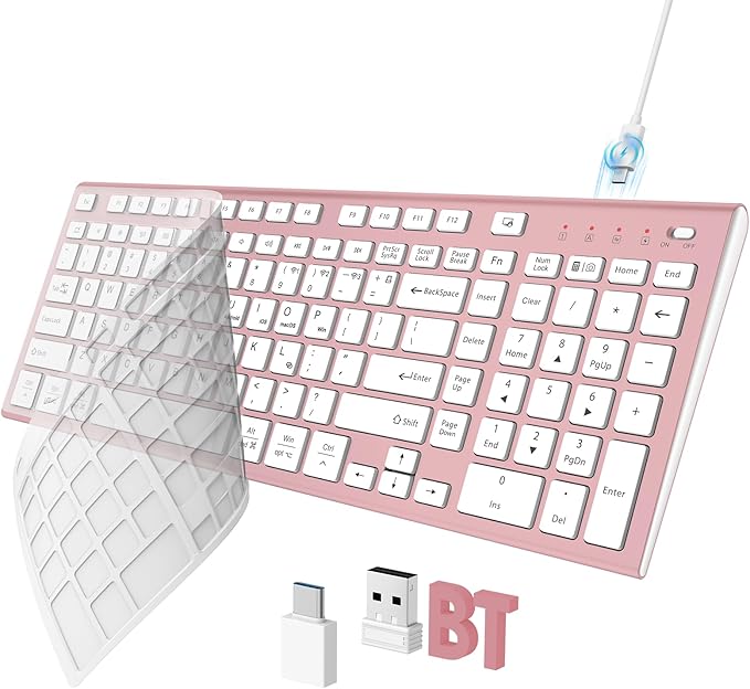 FENIFOX Wireless Keyboard, Bluetooth & 2.4G USB & USB-C Rechargeable Silent Ultra Quiet Low Profile Compact Full Size with Number Pad Soft Multi Device for Mac MacBook Windows PC - Pink & Rose Gold