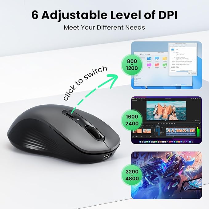 TECKNET Rechargeable Bluetooth Mouse, [ USB + BT5.0 + BT3.0 ] Wireless Mouse, Ergonomic Design, Silent Click, 6-Level 4800 DPI Wireless Mice, 3-Device Switching for Laptop, Computer, MacBook（Grey）