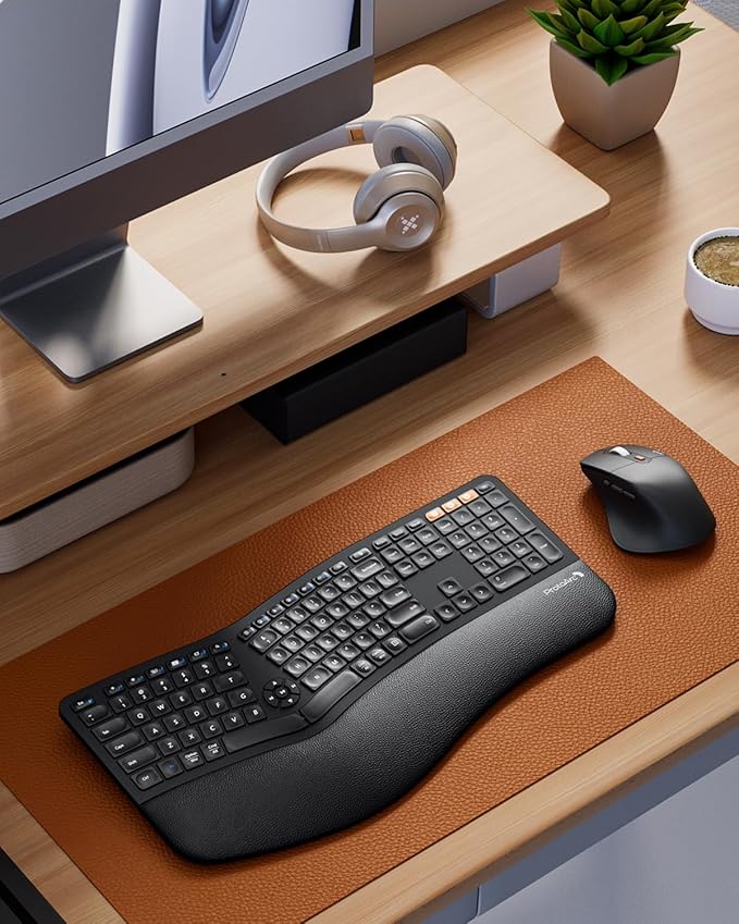 ProtoArc Ergonomic Wireless Keyboard Mouse, EKM01 Plus Full Size Ergo Bluetooth Keyboard Mouse Combo, Split Design, Wrist Rest, Multi-Device, Rechargeable, for Windows/Mac OS - Black