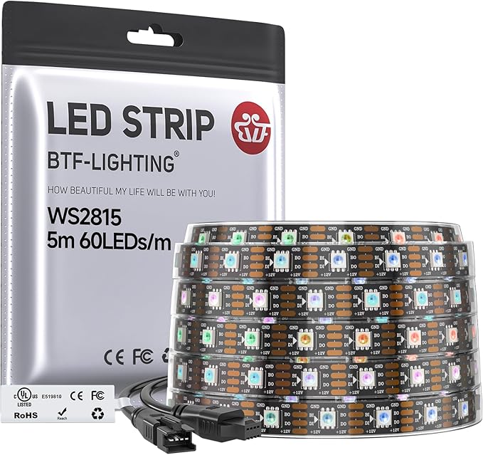 BTF-LIGHTING WS2815 (Upgraded WS2812B) LED Strip Light,UL Listed,16.4FT 300 LED/Pixels,Flexible Chasing RGB,Dual Signal Individually Addressable,5050SMD,DC12V IP67(No Adapter or Controller)