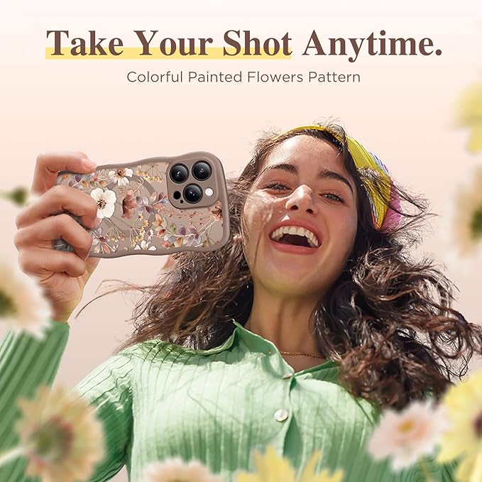 GVIEWIN for iPhone 15 Pro Case Compatible with MagSafe [Curly Wave Edge][Full Camera Protection] Floral Translucent Shockproof Magnetic Women Phone Case for iPhone 15 Pro 6.1'', Corn Poppy/Brown