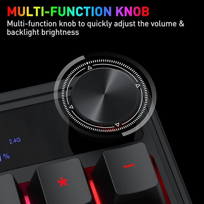 Redragon K526 PRO RGB Wireless Membrane Gaming Keyboard, 104 Keys Mechanical-Feel Keyboard w/LED Info Display, Media/Backlit Knob Control, Smooth Linear Switch & Software Supported