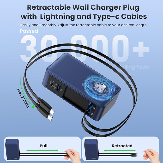 USB C Charger Block 120W with Built-in 2 Retractable Cables, 4-in-1 GaN IV Charger Fast Charging Foldable Plug Wall Charger,PD 65W Laptop Charger for MacBook,iPad,iPhone 17/16,Galaxy,Android-Dark Blue