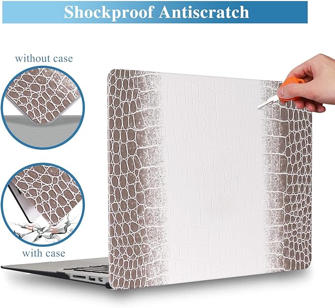 Compatible with Crocodile MacBook Air 13 inch Case 2021 2020 2019 2018 M1 A2337 A2179 A1932, Textured Elegant Luxury Aligator Skin Snakeskin PU Leather Hardshell & Keyboard Cover, Brown White