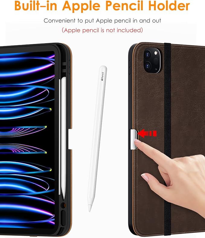 DTTO for iPad Pro 12.9 6th / 5th / 4th / 3rd Generation Case 2022/2021/2020/2018, Leather Folio Stand Cover with Built-in Apple Pencil Holder -Auto Wake/Sleep and Multi Viewing Angles, Dark Brown