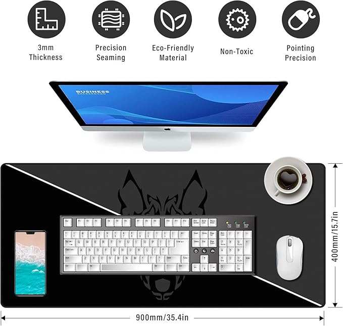 Large Gmaing Mouse Pad with Stitched Edges, Superior Micro-Weave Cloth, Non-Slip Base, Size 35.4 X 15.7X 0.12inches - Black Gray Wolf Head