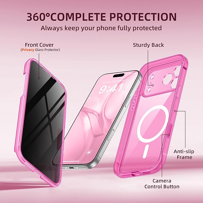 BERFY for iPhone 17 Pro Max Case, Compatible with MagSafe, Built-in Privacy Screen Protector, Camera Protection, Shockproof Full Body Phone Case 6.9", Clear Bright Pink