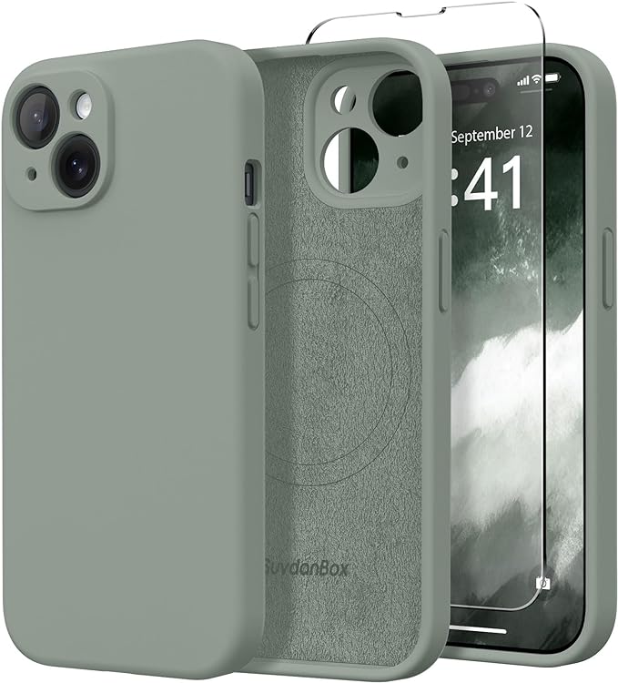 Magnetic for iPhone 14 Case, Compatible with MagSafe, [Full Camera Protection][Screen Protector] Silicone Shockproof Protective Phone Case for iPhone 14 6.1 inch, Calke Green